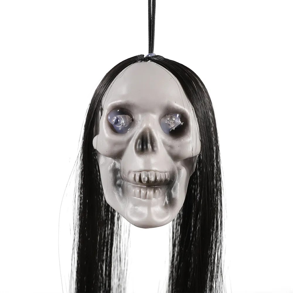 Description Picture 4 of itemHalloween Hanging Ghost Skull with Long Hair Glowing Eyes Terror Skull Ghost House Head Skeleton Props 2023 Halloween Decoration
