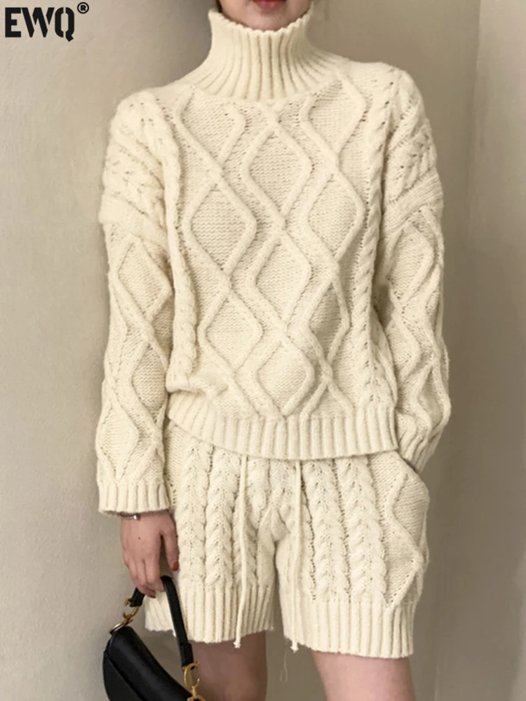 [EWQ] Women Turtleneck Solid Plaid Sweater+Waist Elastic Twists Knit Shorts 2023 Autumn Winter New Casual 2 Piece Set 16U3937