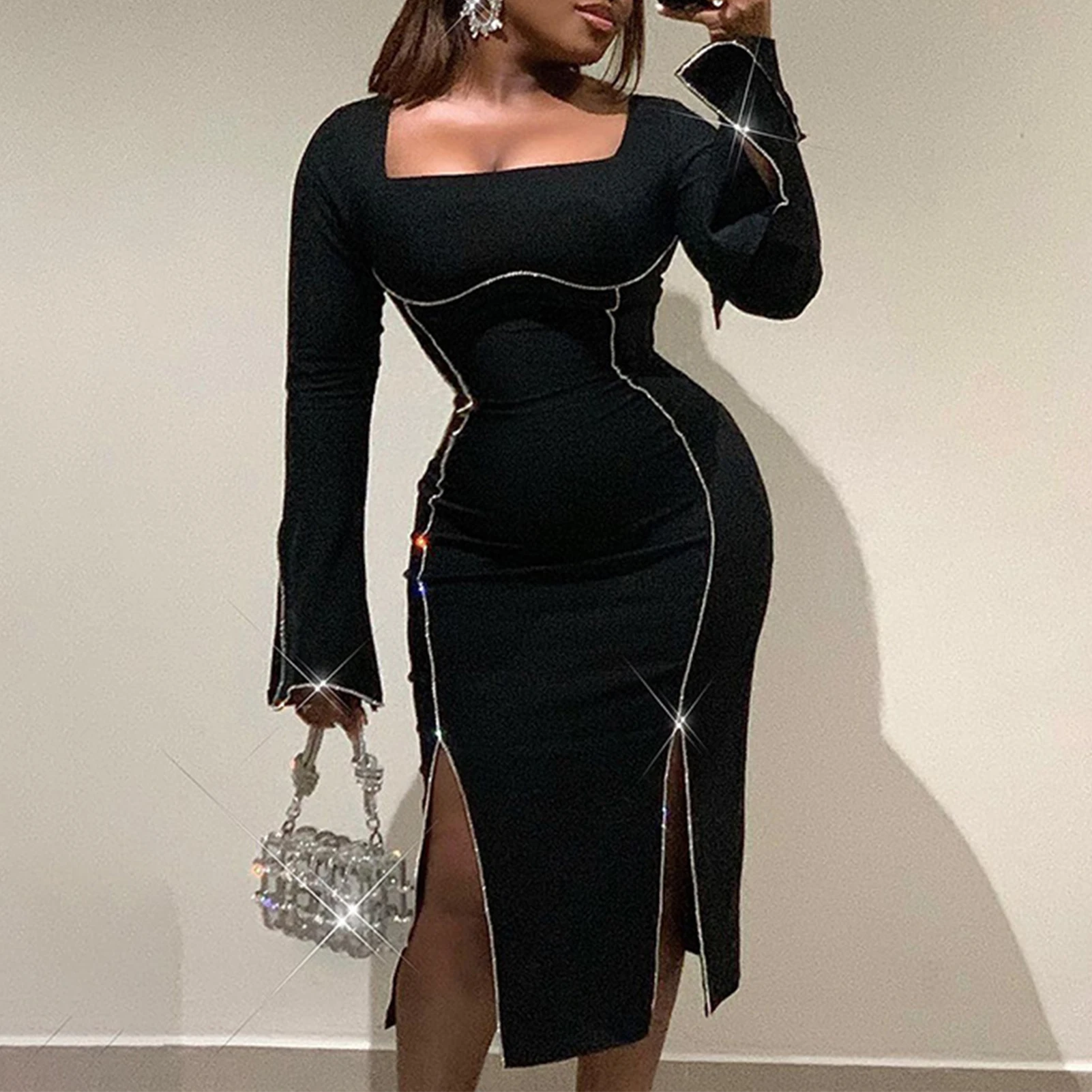 Description Picture 5 of itemWomen Long Sleeve Dress Sparkle Square Neck Dress Pullover Shiny Bodycon Dress Slim Fit Skinny Fashion Cocktail Party Dress