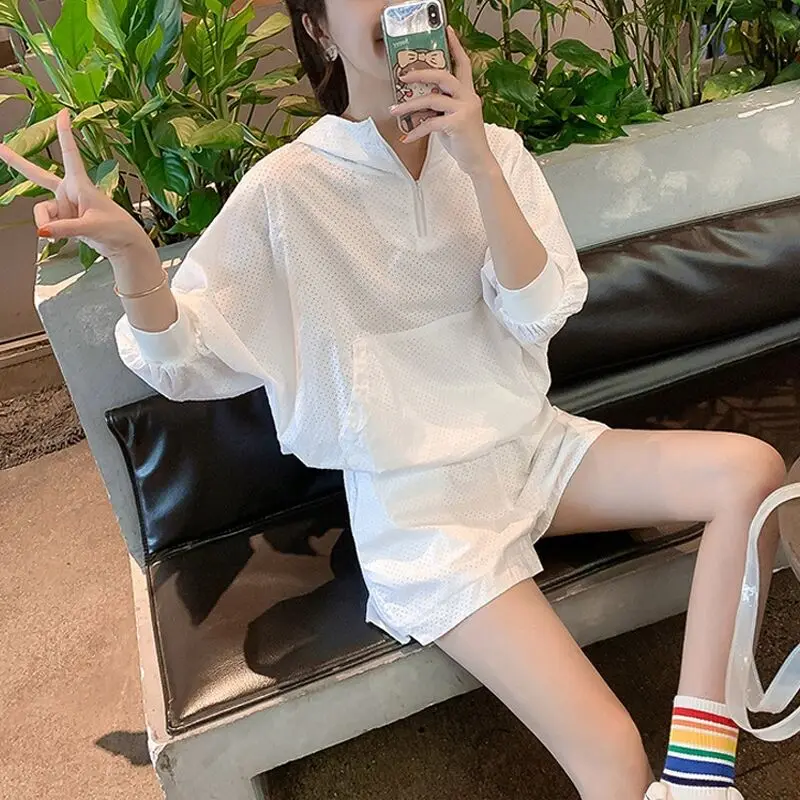 Description Picture 6 of item2023 Summer Sweat Suit White Women Hodded Short Sleeve Shorts Two Piece Set Korean Sporty Casual Tracksuit Hollow Out