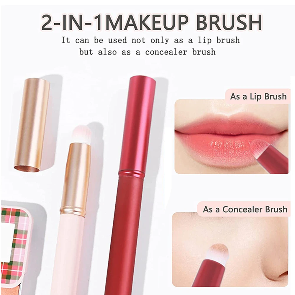 Portable Round Head Lip Brush Professional Mini Concealer Smudge Brush with Cover for Women Girl Makeup Gifts