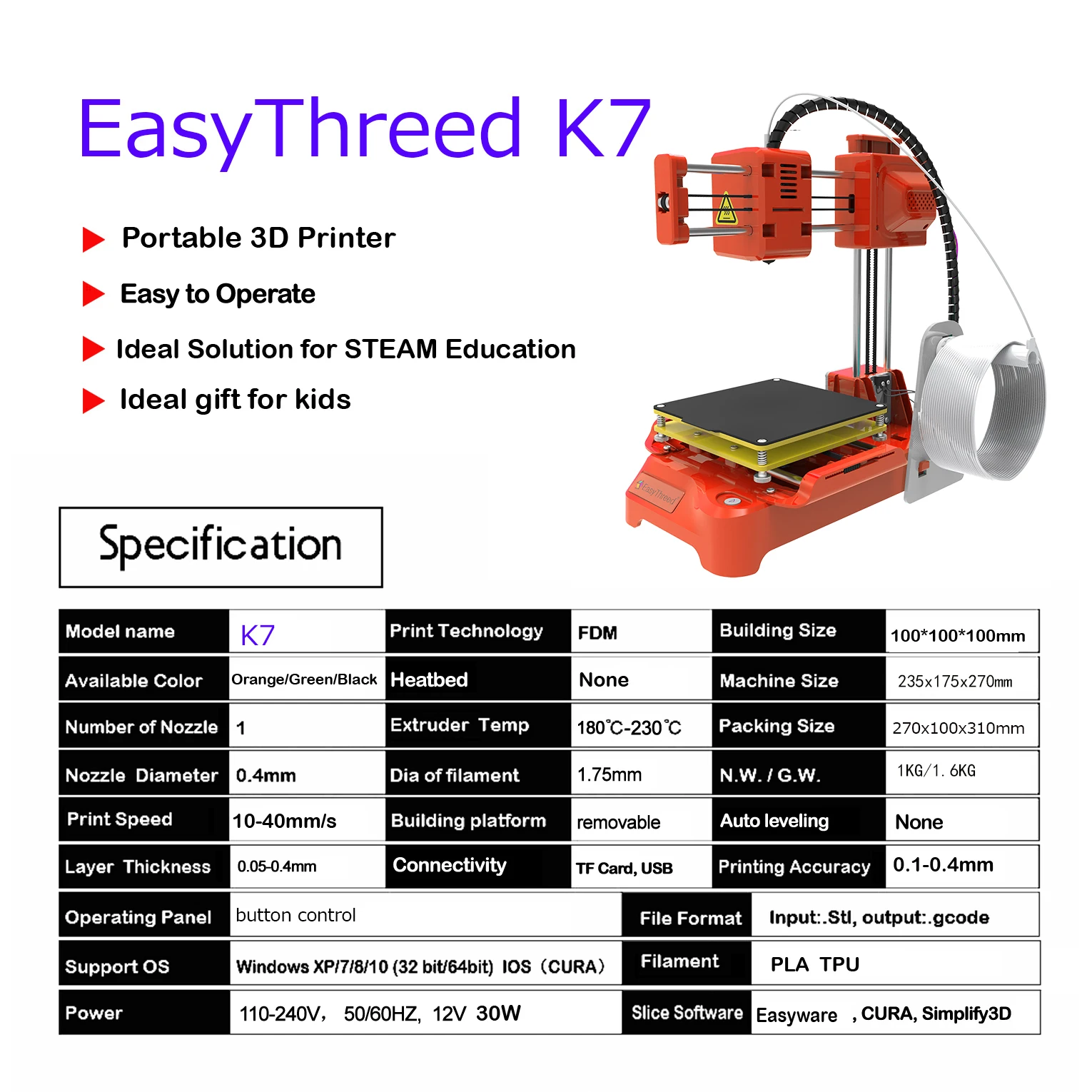 Description Picture 2 of itemEasyThreed K7 3D Mini Printer 100x100x100mm No Heated Bed One-Key Printe with TF Card PLA Filament Simple Small Printing Machine