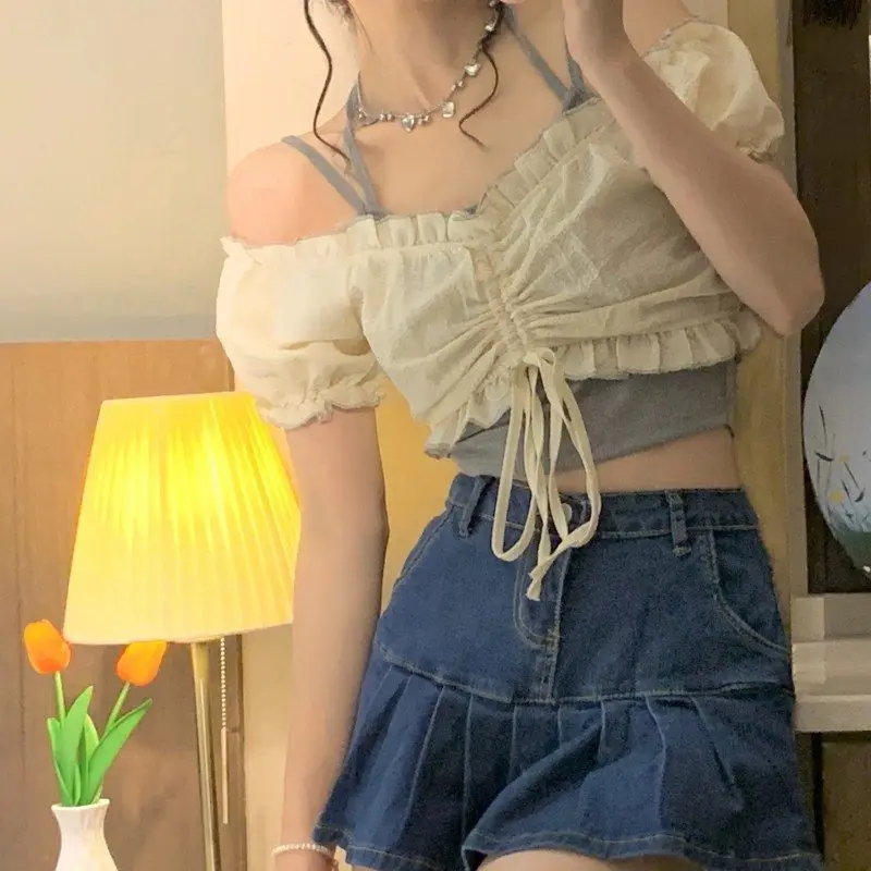 Description Picture 6 of itemSets Women Summer Korean Style Sweet Fashion Streetwear Slim All-match Holiday Comfortable Cropped Party Girls Kawaii Elegant