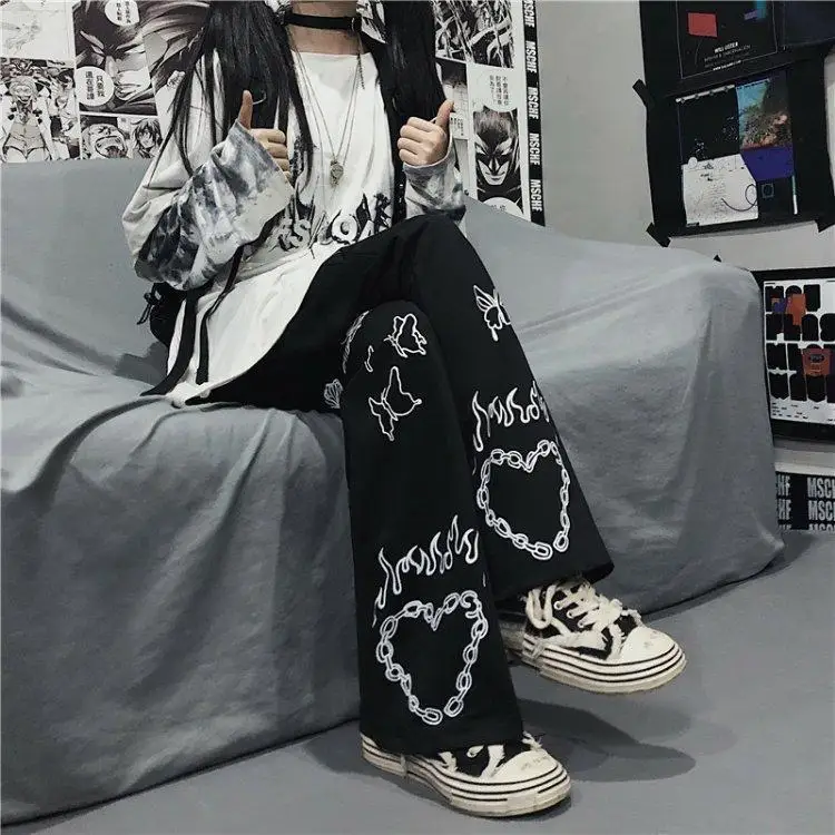 Women's Pants Harajuku Butterfly Print Loose Wide Leg Pants Streetwear Hip-hop Pants for Women Vintage Dark Pant Trousers Women