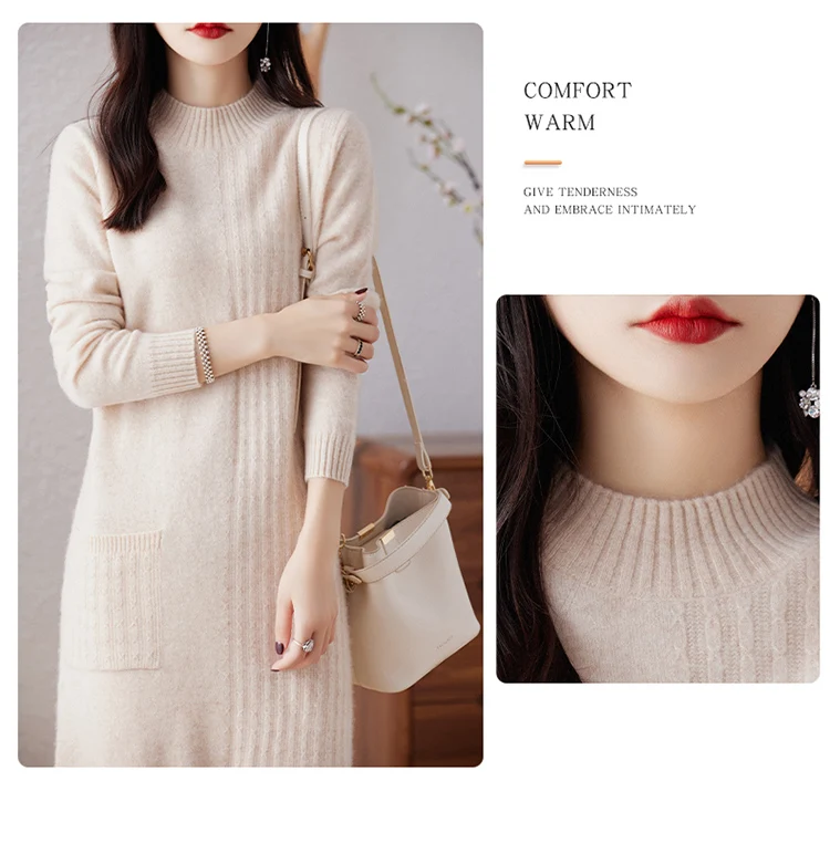 Description Picture 5 of itemRONGYI 100% Merino Wool Hot Sale Cashmere Knitted Dress for Women Winter Autumn Mock Turtleneck Female Dresses Long Style Jumper