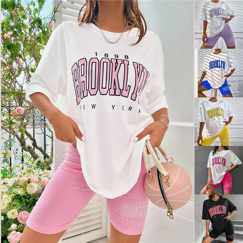 Description Picture 3 of item2023 Summer Women Set 2pcs Casual Suit Harajuku Tshirt+Shorts Brooklyn Letter Print Short Sleeve Tee Tops Sports Suit Outfits