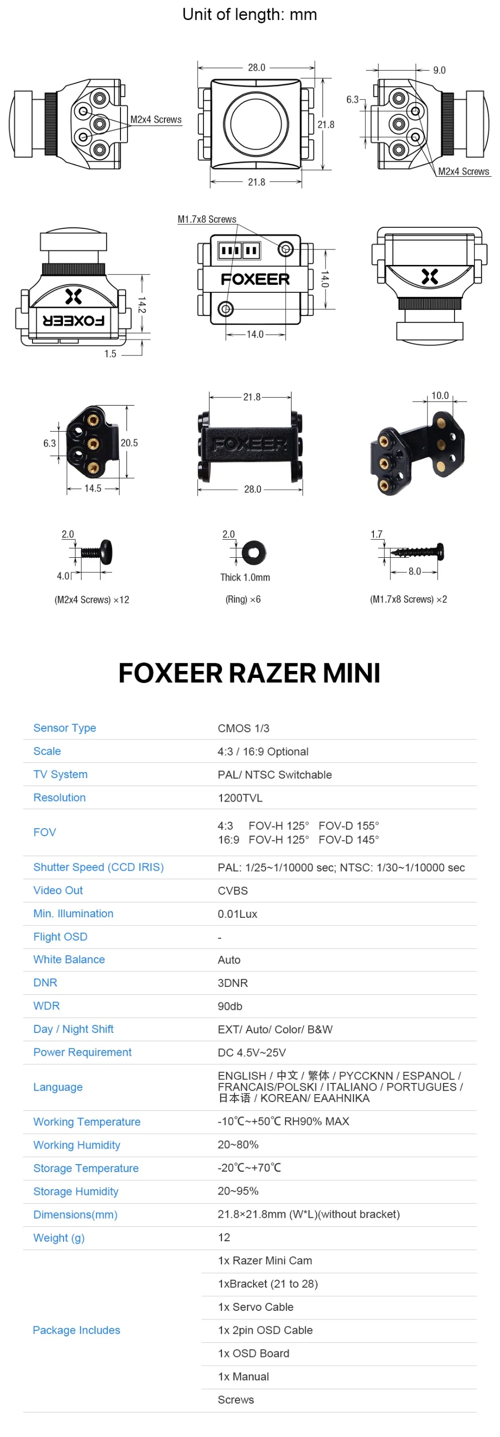 Description Picture 5 of itemFoxeer Razer Mini HD 5MP 2.1mm M12 Lens 1200TVL Standard FPV Camera 4:3/16:9 NTSC/PAL Switchable 4ms Latency Camera