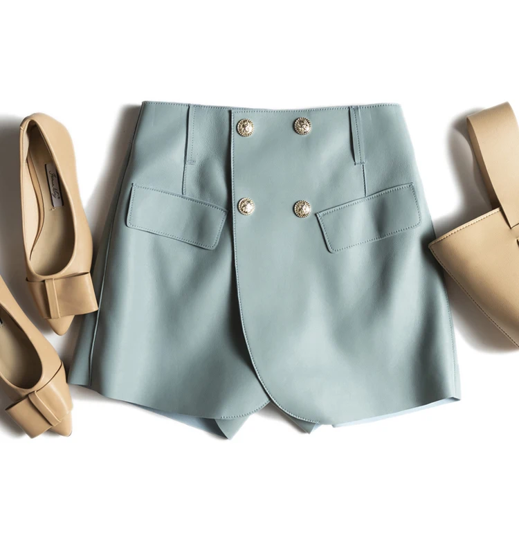 Description Picture 4 of item2023 Lady Genuine Leather Skorts Women Chic Korean Style Culottes Skirt Femme Buttons Hip Sexy Streetwear Shorts With Pocket