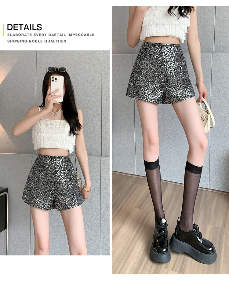 Description Picture 5 of itemFashion Harajuku Y2k A Line Zipper Up Korean Summer Sequin Hot Shorts Women 2023 New Design Sense High Waist Short Pants Female