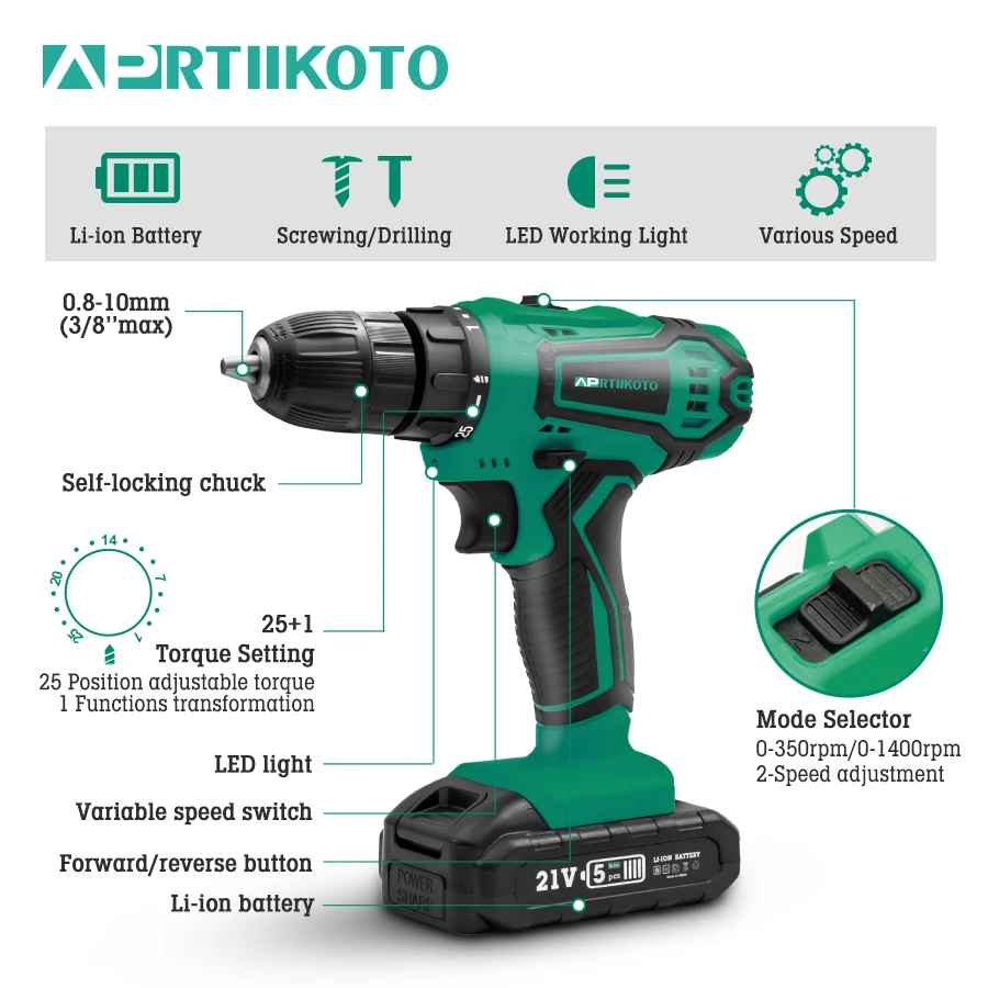 Description Picture 3 of itemAPRTIIKOTO Cordless Drill 12VF 16.8VF 21VF 36VF Electric Screwdriver Mini Cordless Power Driver DC Lithium Lon Battery 3/8