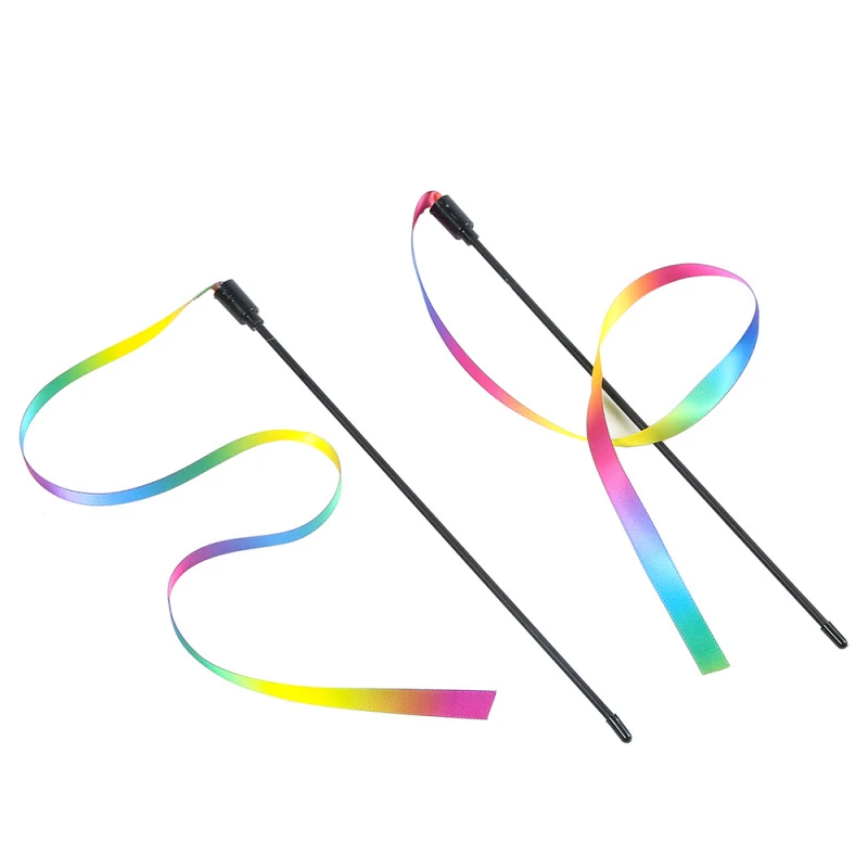 1Pc Funny Rainbow Cat Teaser Stick Toys Double-sided Rainbow Ribbon Funny Cat Stick Plastic Cat Interactive Toys Pet Supplies
