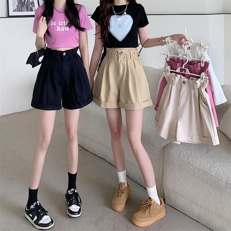 Description Picture 4 of itemAge Reduction Elastic Waist Bract Shorts Female Summer High Waist A Word Western Style Five Points Pants Loose Wide Leg Pants