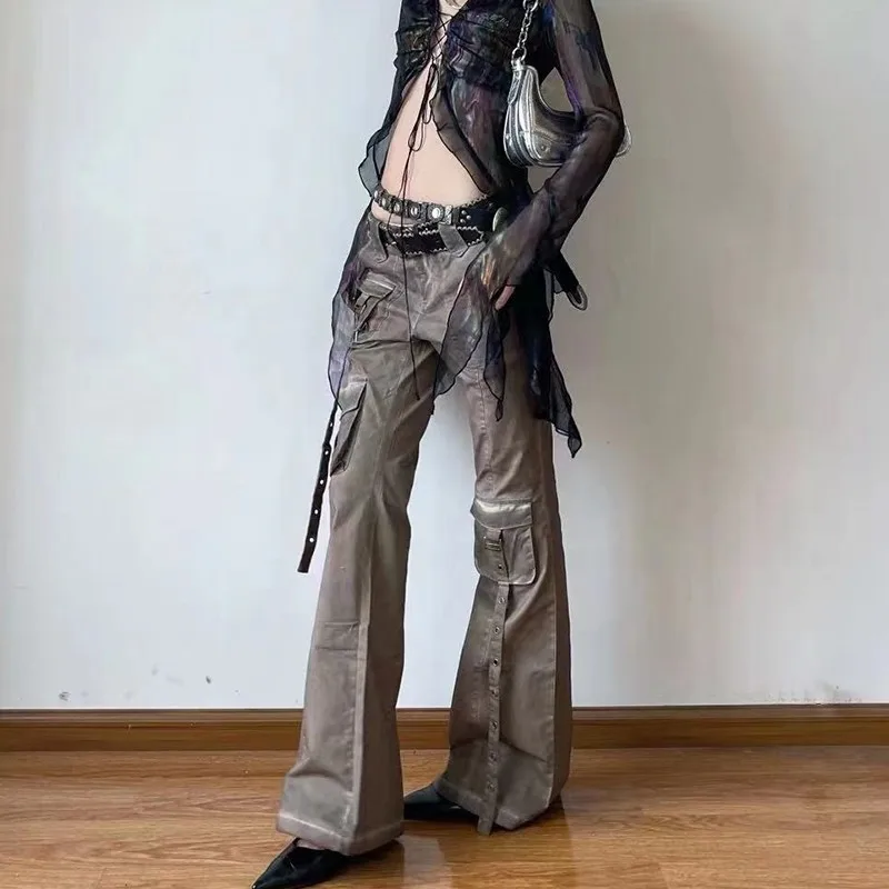 Karrram Grunge Low Waist Flare Pants Vintage Distressed Cargo Pant Wasteland Punk Bell Bottom Jeans American Retro Trouser Y2k