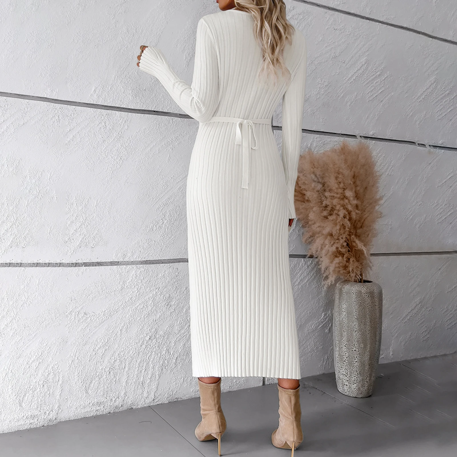Description Picture 4 of itemSweater Dress Spicy Girl Women Tunic Long Dress V Neck Solid Color Long Sleeve Dress Elegant Style Slim Fit Clubwear Clothing
