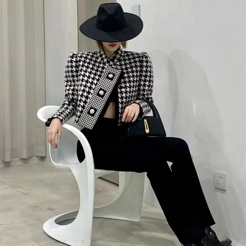 Description Picture 5 of itemLuxury Brand Houndstooth Vintage Tweed Jacket Coat New Autumn Winter Fashion High Street Small Fragrance Woolen Short Outerwear