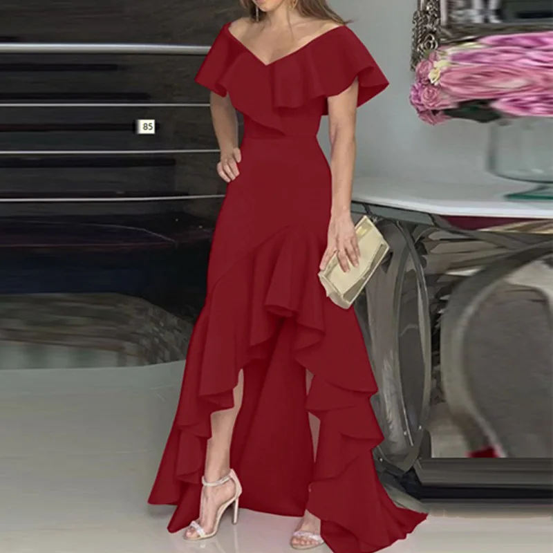 Description Picture 3 of itemElegant Ruffled Irregular Maxi Evening Dress Sexy V-neck High Waist Spring Summer Dress Solid Slim Ladies Party Dresses Vestidos
