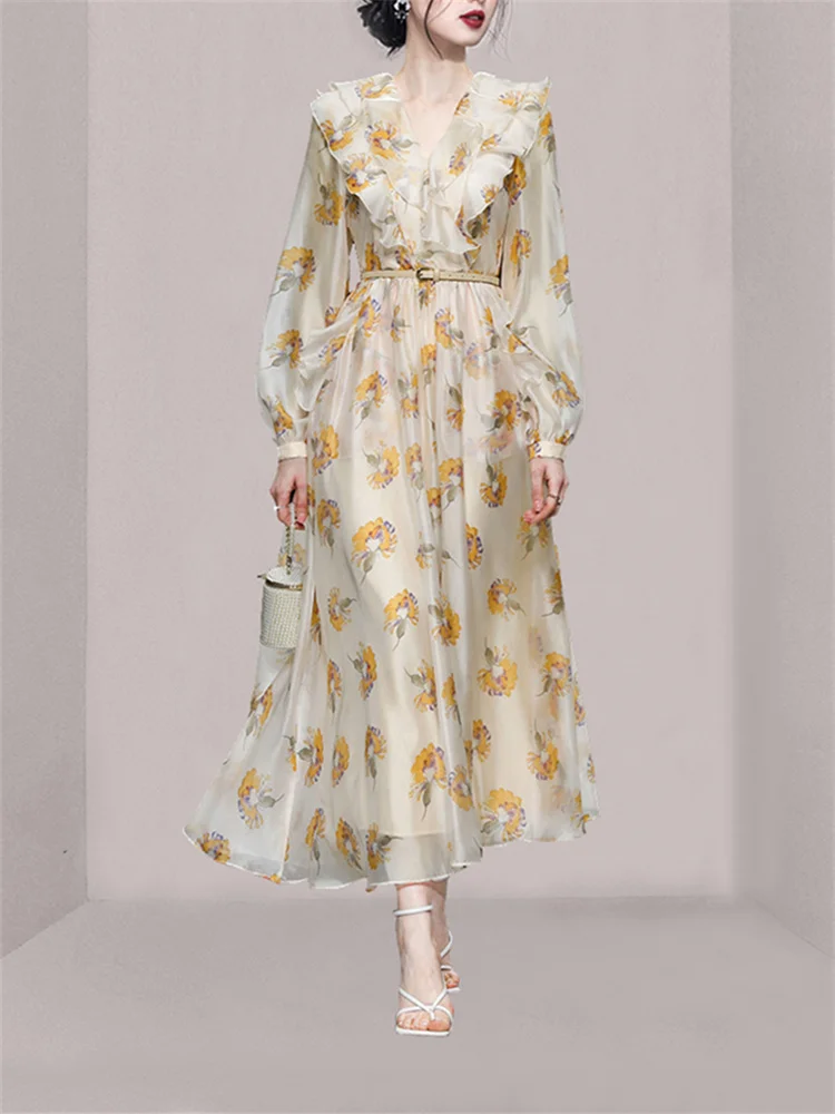 Description Picture 5 of itemFotvotee Print Midi Dress for Women 2023 New Korean Fashion V Neck Ruffle Vintage Dress Elegant Lantern Sleeve Elegant Dresses