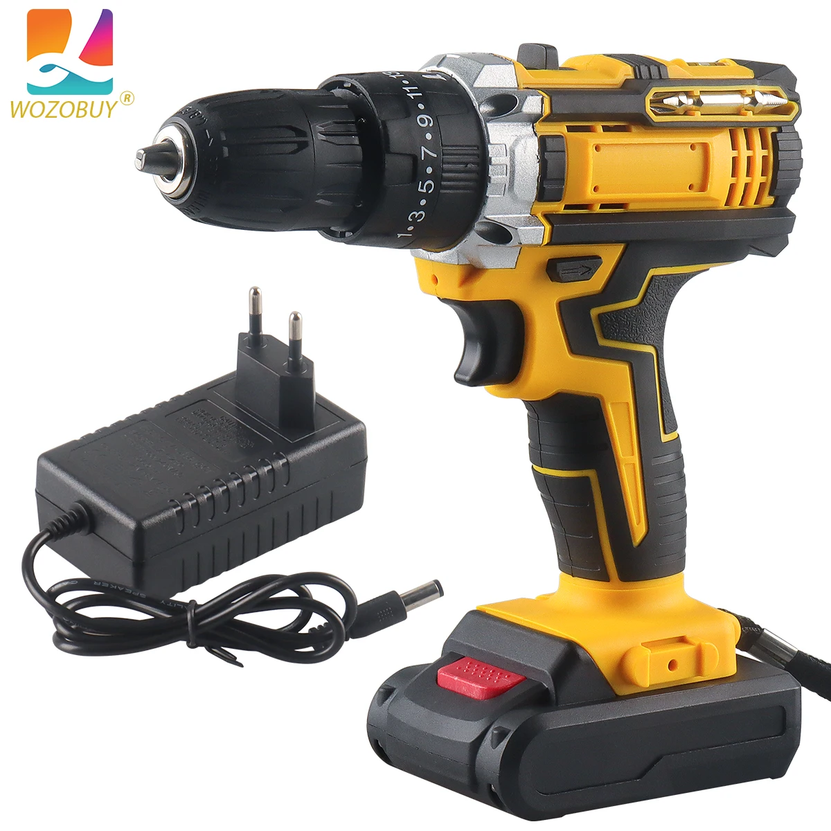 Drill Driver 21V,1.3AH Battery, Hammer Drill with 28 N.m Max, 25+3 Position, 2 Variable Speed, 3/8'' Keyless Chuck, Fast Charger