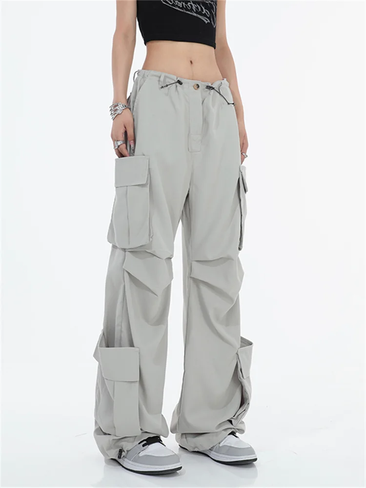 QWEEK Cyber Y2K Gray Cargo Pants Women Oversized Hip Hop Streetwear Wide Leg Parachute Trousers Egirl Harajuku Pockets Pantalon