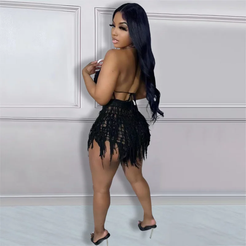 Description Picture 5 of itemANJAMANOR Sexy See Through Knit Crochet Fringed Short Sets Beach Vacation Summer Outfits for Women 2023 Two Piece Set D0-DG25