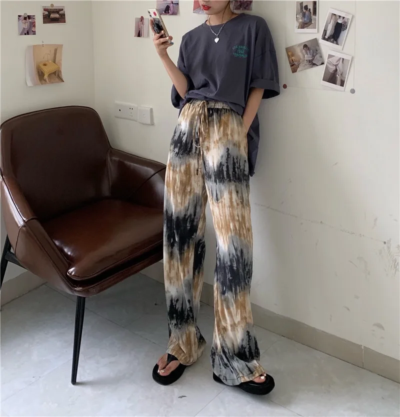 Description Picture 4 of itemCasual Yellow Tie Dye Printed Vintage Pants Women Elegant High Waist Trousers Ladies Straight Wid LegJoggers Y2K Streetwear 2021