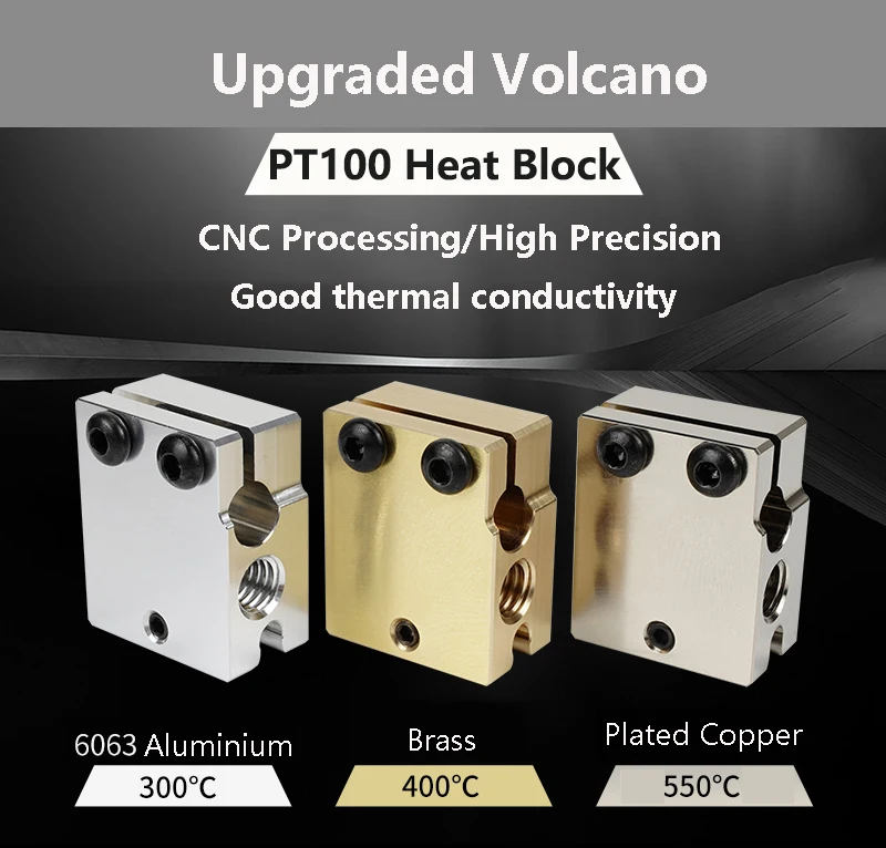 Description Picture 2 of itemHigh Quality V6 Volcano Aluminum or Plated Copper Brass Heat Block for PT100 HT-100K Hotend 3D Printer Extruder Heated Block
