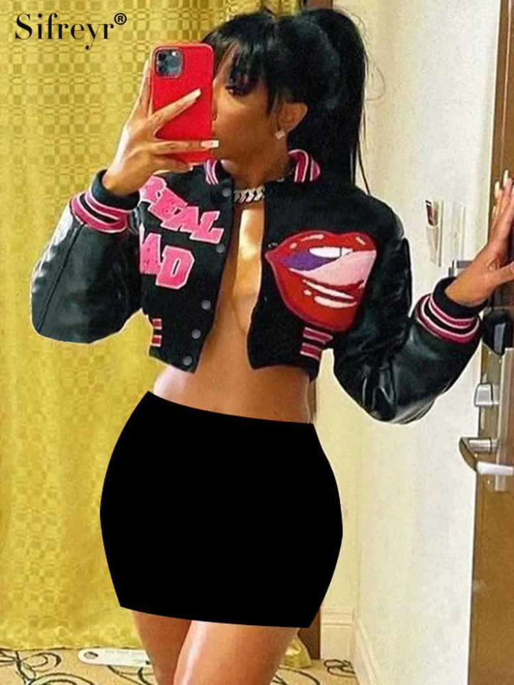 Sifreyr Fashion Street Trend Short Coat Spliced Letter Jacket Women's Autumn Round Neck Long Sleeve Button Slim Fit Outerwear