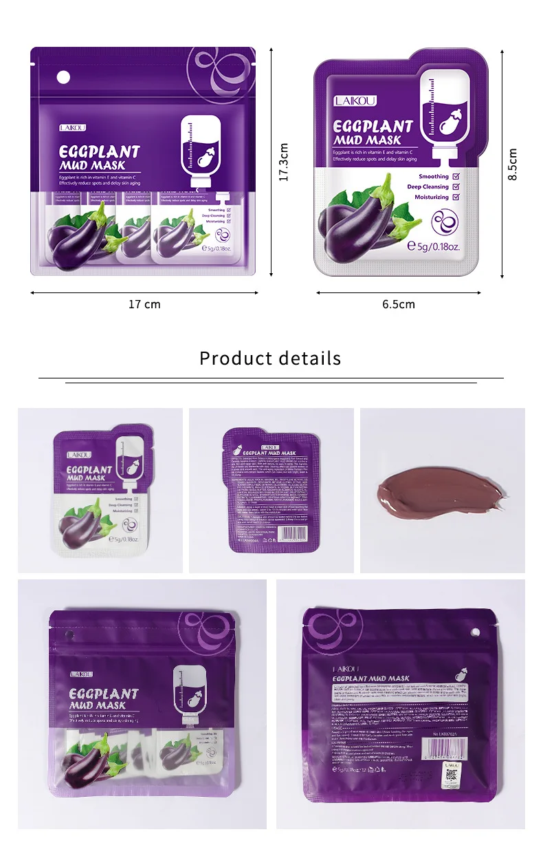 Description Picture 3 of item5pcs LAIKOU Eggplant Mud Mask Oil Control Moisturizing Anti-Acne Anti Wrinkle Whitening Cleansing Clay Mask Skin Care Face Mask