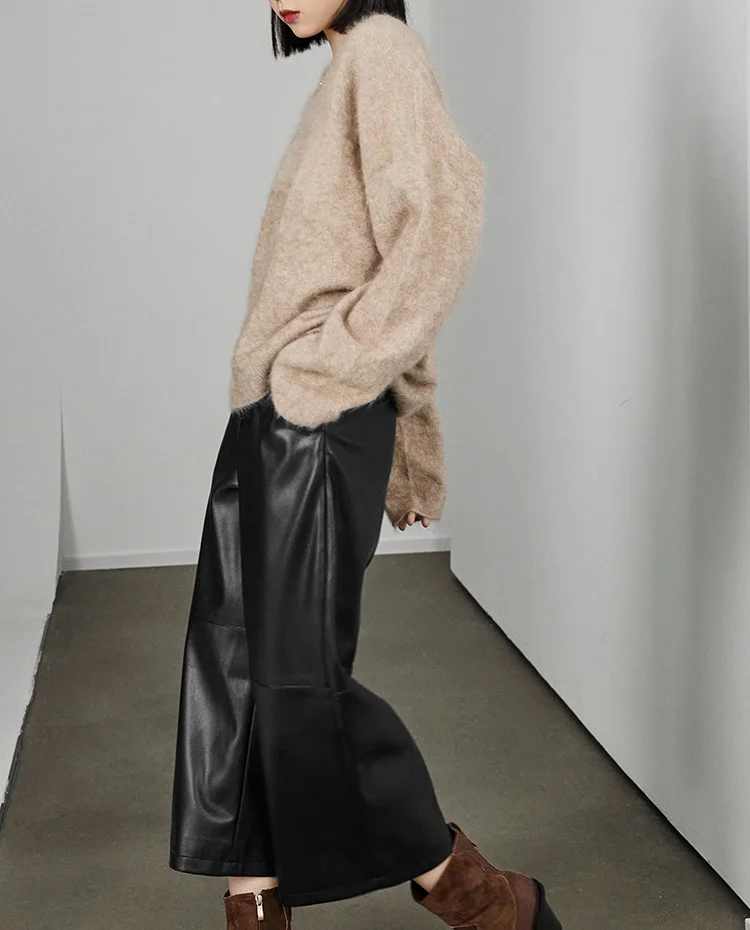 Description Picture 6 of itemLeather Cropped Pants For Women 2023 Spring Fashion Korean Clothing Thin Wide Leg Calf Long Sheepskin Black Trousers Streetwear