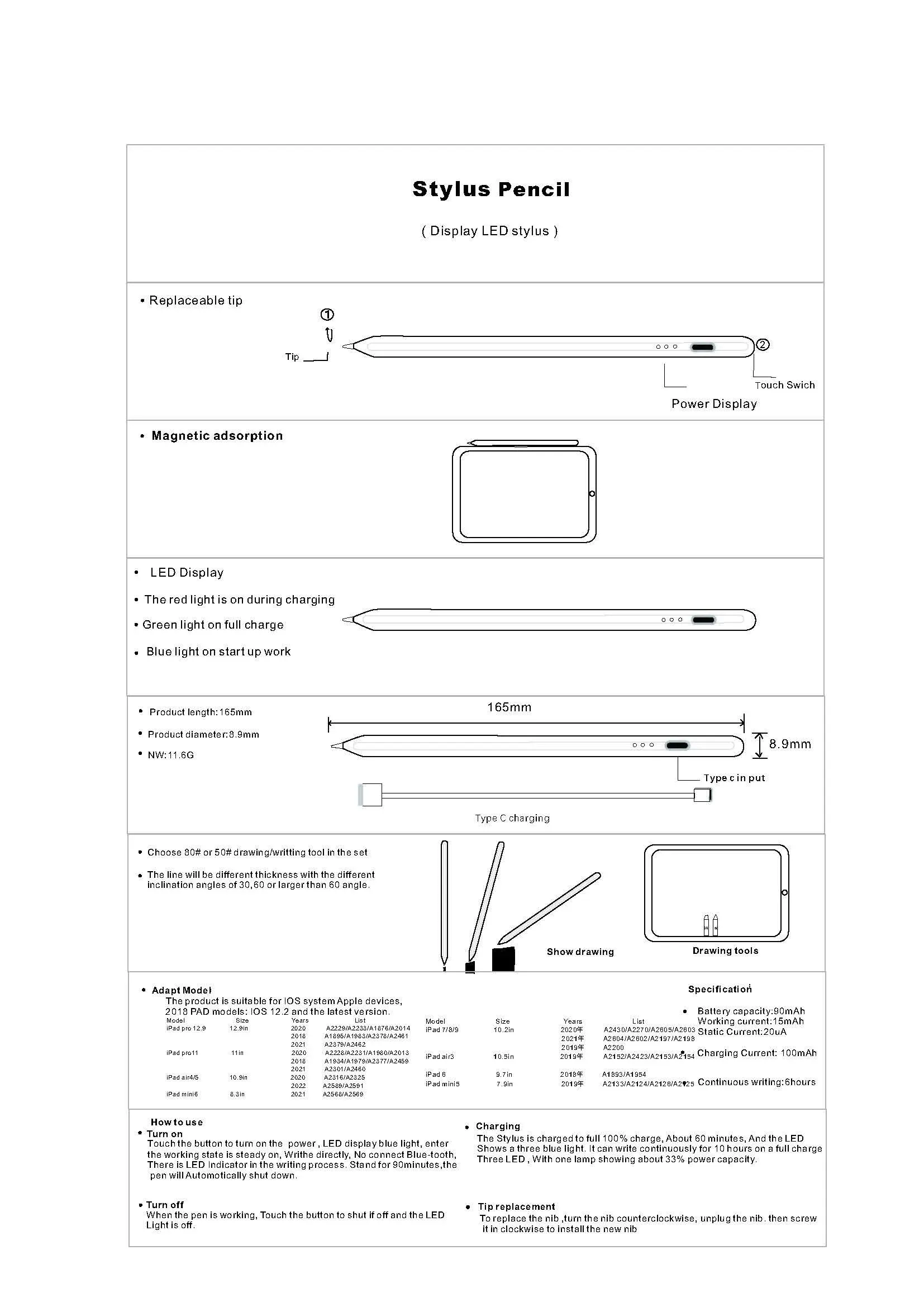 Description Picture 2 of itemStylus Pen for Apple Pencil with Palm Rejection Tilt Sensitive Active Digital Pens for iPad 6 7 8 9 10 iPad Pro Mini Air