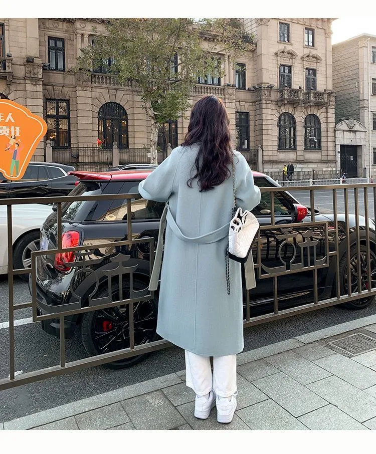 Description Picture 4 of itemKorean Fashion Women Casual Loose Woolen Coat Elegant and Chic Solid Outerwear Long Overcoat with Belted Female Warm Cloak