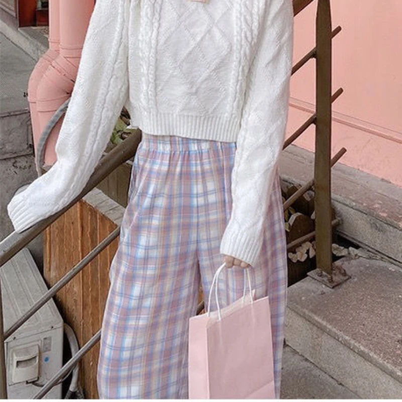 Description Picture 5 of itemCasual Pants Women Cute Japanese Sweet Lovely Kawaii High-waist Pink Elastic Straight Plaid Ins Loose Spring Autumn Streetwear