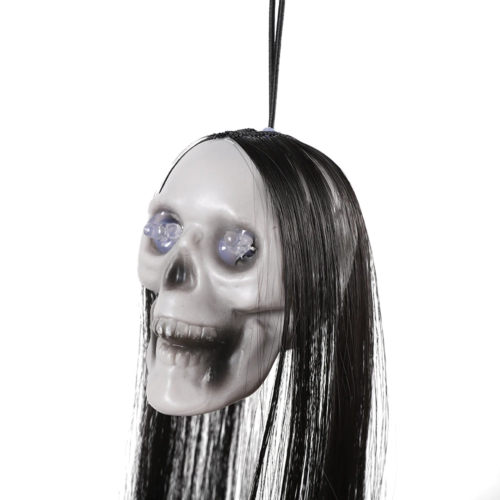 Description Picture 5 of itemHalloween Hanging Ghost Skull with Long Hair Glowing Eyes Terror Skull Ghost House Head Skeleton Props 2023 Halloween Decoration