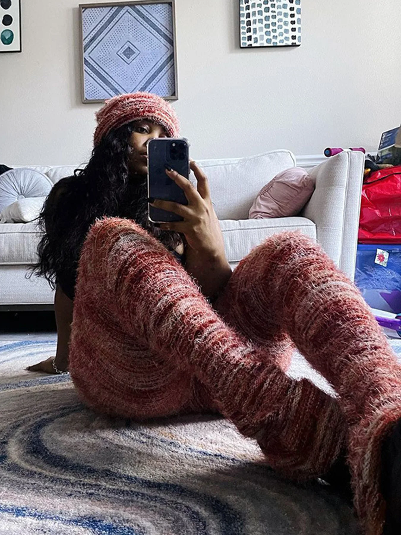 Description Picture 3 of itemKnitted Plush Striped Pants Y2K Streetwear 2023 Winter Fashion High Waist Leggings Casual Stacked Flare Pants Party Clubwear