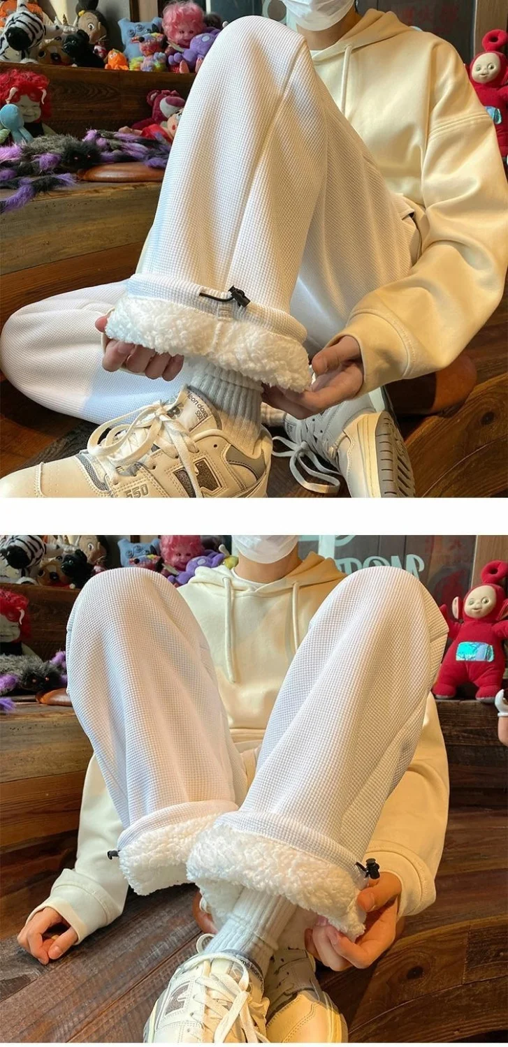 Description Picture 4 of itemMen's Winter Warm Lambswool Thicken Sweatpants Waffle Loose Casual Fleece Trousers Fashion Streetwear Comfort Harem Pants