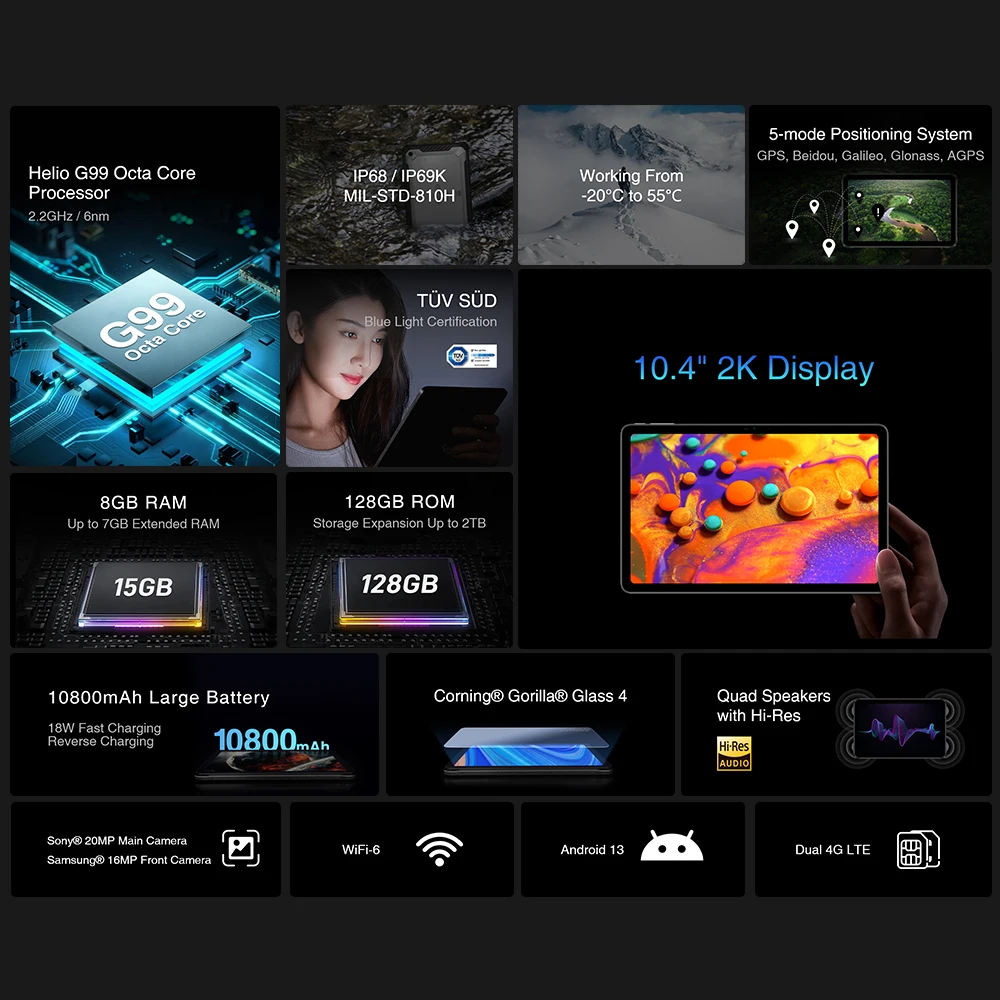 DOOGEE R10 Rugged Tablet 15GB 128GB Helio G99 Octa Core 20MP Camera Quad Speakers with Hi-Res 10800mAh