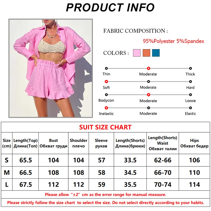 Description Picture 2 of itemBclout Linen Shorts Suit Women Summer Long Sleeve Shirts Orange Elastic Waist Ruffle Shorts Sets 2 Pieces Woman Outfits Vacation