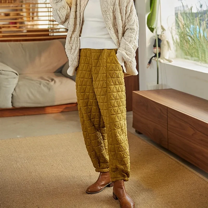 Plus Size L-4xl Winter Thicken Warm Quilted Cotton Bloomers Pant Women Korean Baggy Harem Pant Plaid Elasticity Streetwear Pants