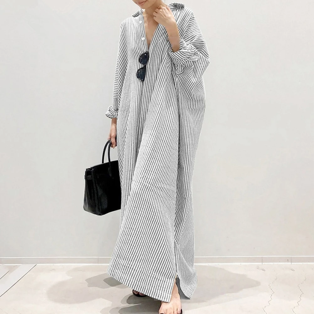 Description Picture 4 of itemDaily Holiday Womens Dress Shirt Dress Cotton Linen Long Sleeve Long Tops Tunic Maxi Kaftan Dress V-neck Baggy