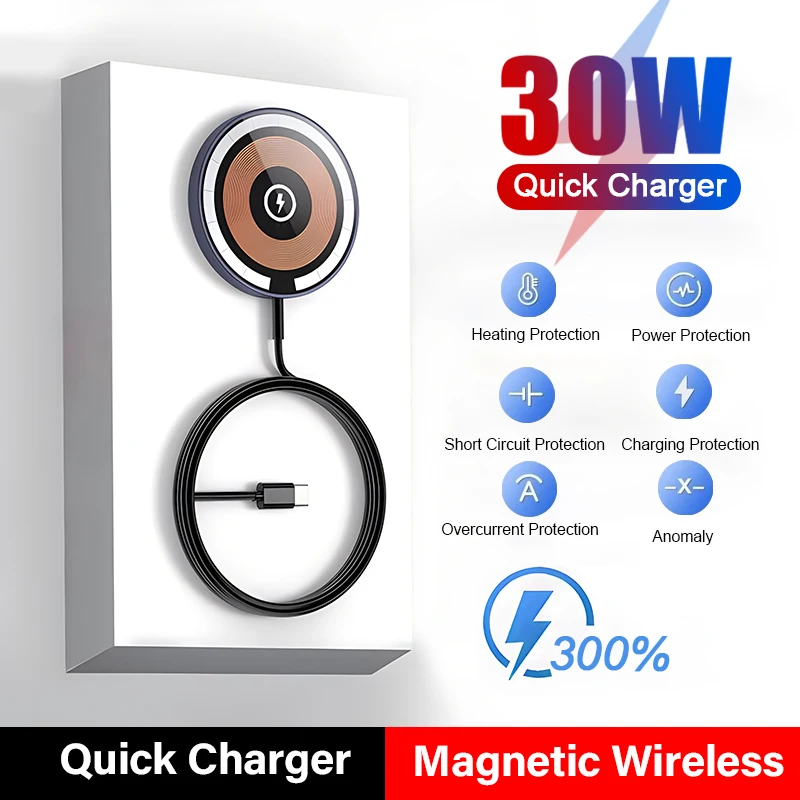 30W Type C Magnetic Wireless Charger For Samsung S22 S23 Ultra Iconic Brand Fast Charging For iPhone 15 14 13 Pro Max Wireless Charger