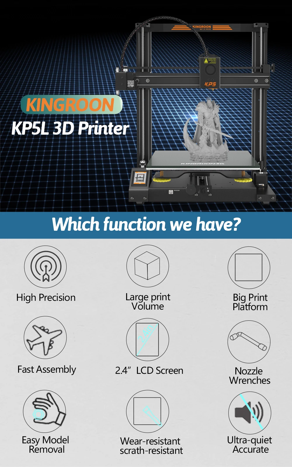 Description Picture 2 of itemKINGROON KP5L 3D Printer Dual Z-Axis High Precision 3D Printing Machine 300x300x330mm Large Build Plate KP5 Upgrade Professional