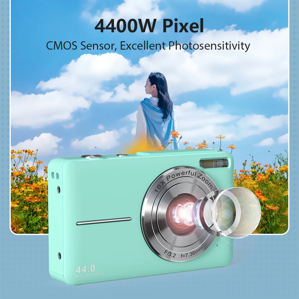 2.4 Inches HD 1080P Digital Camera Rechargeable with 16x Zoom Compact Camcorder 44MP Professiona Photography Cam for Teens Party