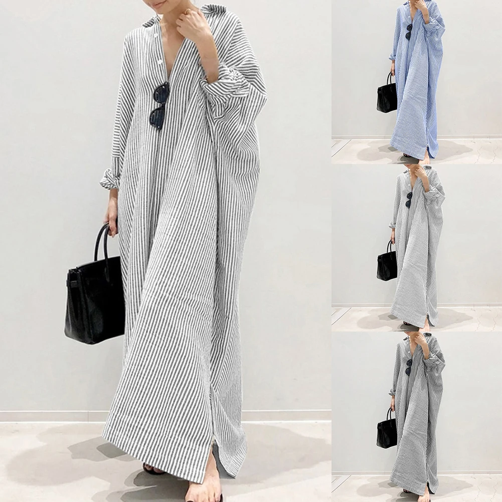 Description Picture 3 of itemDaily Holiday Womens Dress Shirt Dress Cotton Linen Long Sleeve Long Tops Tunic Maxi Kaftan Dress V-neck Baggy