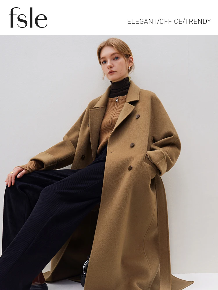 Description Picture 4 of itemFSLE 100% Wool Black Temperament Long Double Breasted Woolen Jackets 60.6% Wool 10.5% Silk Belt Design Female Beige Apricot Coat