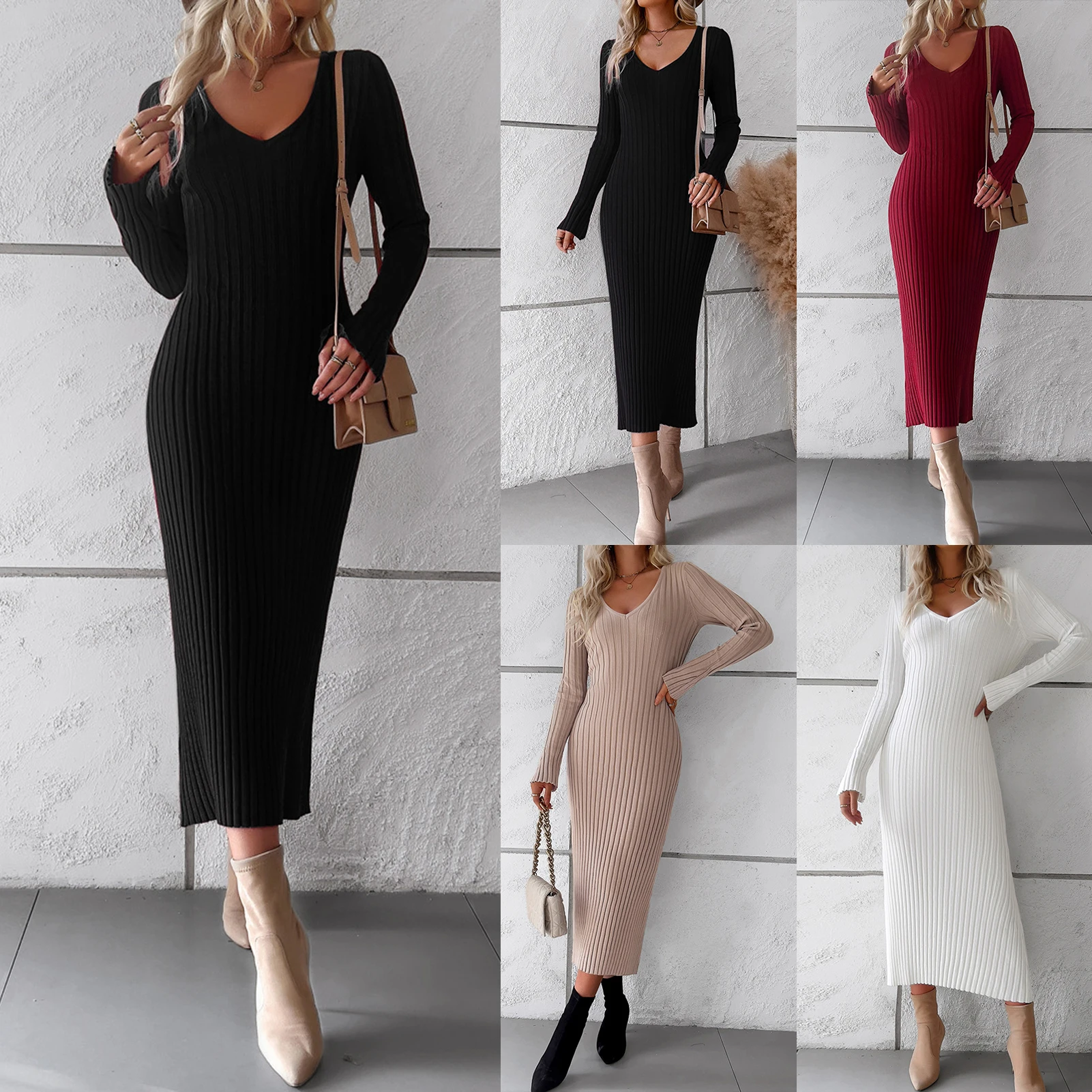 Description Picture 3 of itemSweater Dress Spicy Girl Women Tunic Long Dress V Neck Solid Color Long Sleeve Dress Elegant Style Slim Fit Clubwear Clothing