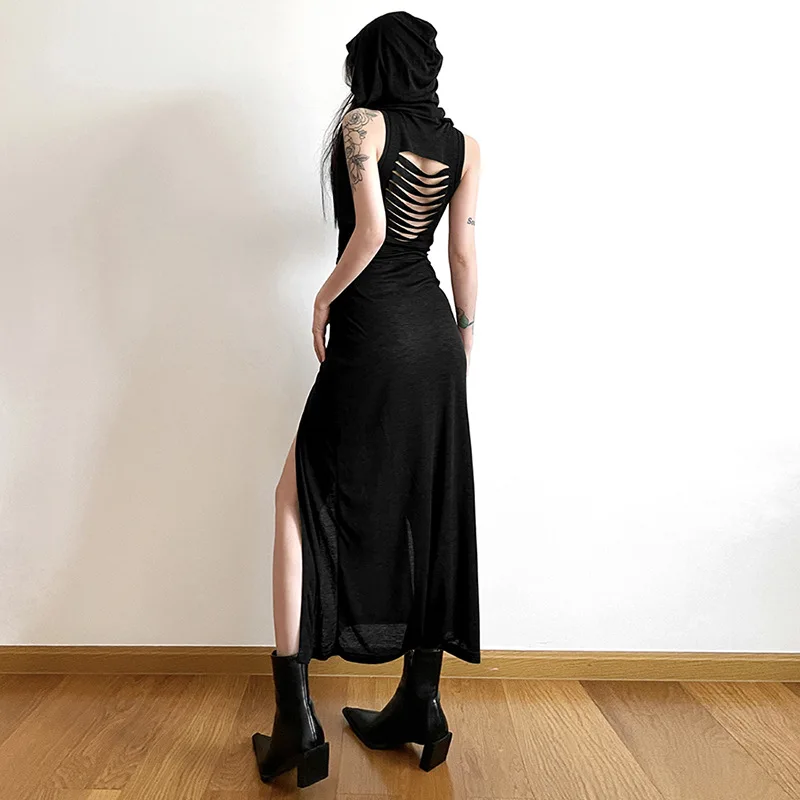 Gothic Cyber Desert Walker Hooded Dresses Darkwear Y2k Punk Grunge Hollow Out Midi Dress Women Sexy Split Side Solid Streetwear