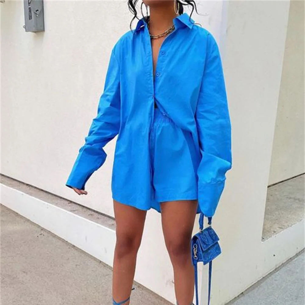 Description Picture 6 of itemWomen Tracksuits Shirt With Mini Shorts Cotton Two Pieces Sets Fashion Clothing Outfits Women Blouses Fashion Tracksuits
