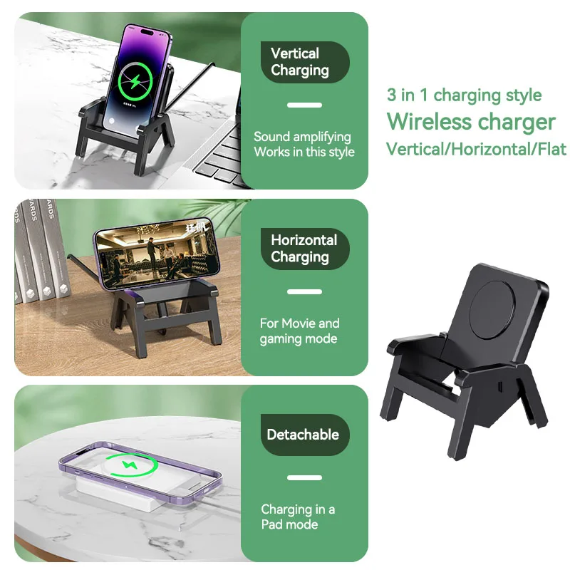 Chair Style Wireless Charger 15W Fast Wireless Charging Bracket Loudspeaker Phone Holder Detachable 3 Purpose Vertical Holder