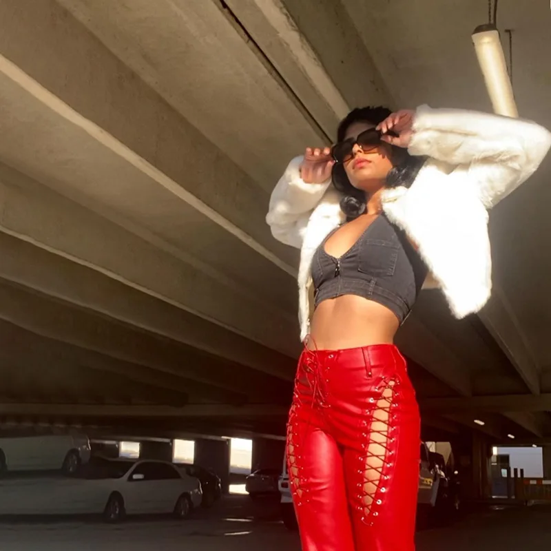 Description Picture 3 of itemwoman pants High Waist Pants Hollow Out Bandage Sexy Autumn Trend Leather Club Slim Streetwear Weird Puss Faux PU Y2K Trousers