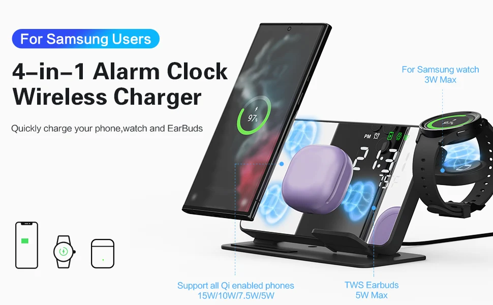 Description Picture 5 of item3 in 1 LED Alarm Clock Charging Dock Station for Samsung Galaxy S23 Ultra Fast Wireless Charger for Watch 6 / 5 Holder Buds2 Pro